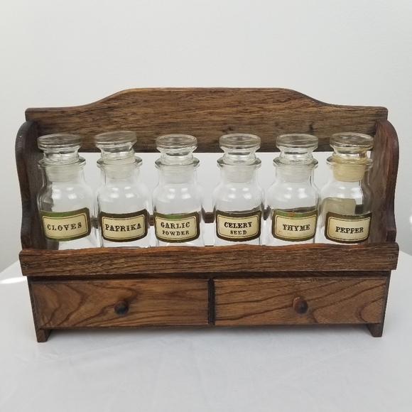Vintage Other - Vintage Wooden Spice Rack with 6 Glass Bottles